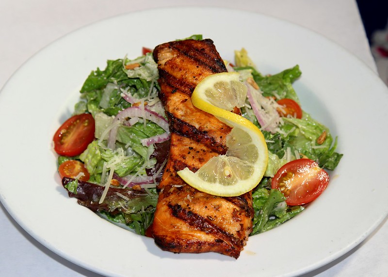 Ceasar Salad topped with Grilled Salmon